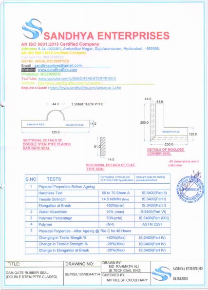 Double Stem PTFE Claded Dam Gate Seal