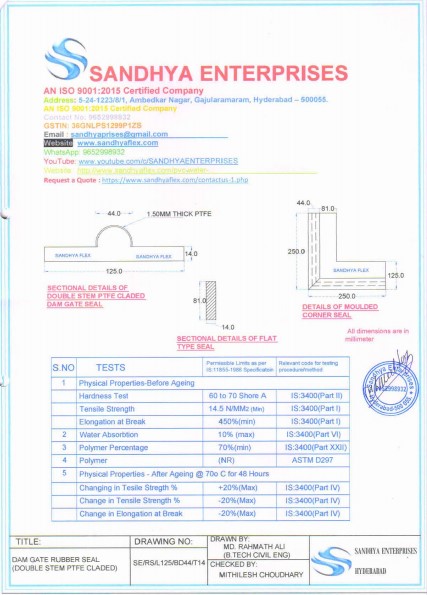 Double Stem PTFE Claded Dam Gate Seal Double Stem PTFE Claded Dam Gate Seal
